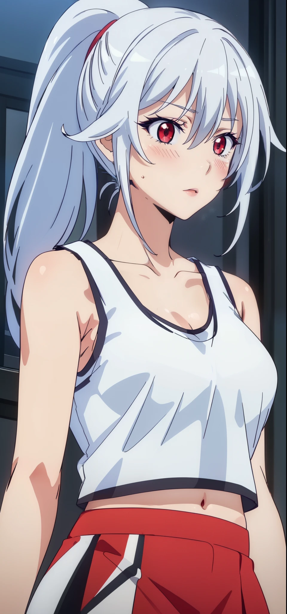 (masterpiece, best quality:1.2),illustration,8k,hd,1girl,very_long_hair,medium breasts,red_eyes,white_hair,((sleeveless)),(((skirt, cropped tank top, upper_body))),aine, (healthy skin, glowing skin), blushed,( ponytail)