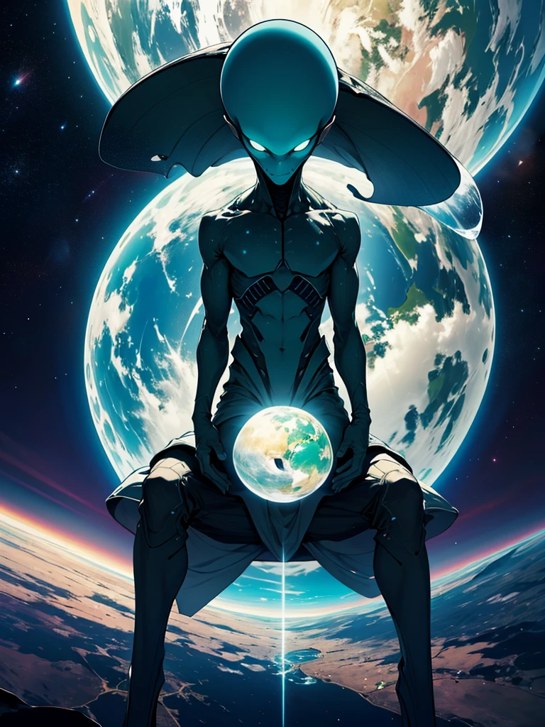 In the vast expanse of space, there exists a colossal green alien with an elongated cranium, taking respite on our familiar terrestrial haven - Earth. From this extraterrestrial viewpoint, the entire planet is encapsulated within the frame, showcasing a mesmerizing tableau of our world's lush greenery and blue oceans. This alien, several times the size of our own planet, is leveraging the Earth as a seat due to his exhaustion from his travels across the cosmos. In a humbling display of size disparity, the alien is literally leaning on our planet with a casual air that underscores his immense scale. This breathtaking
