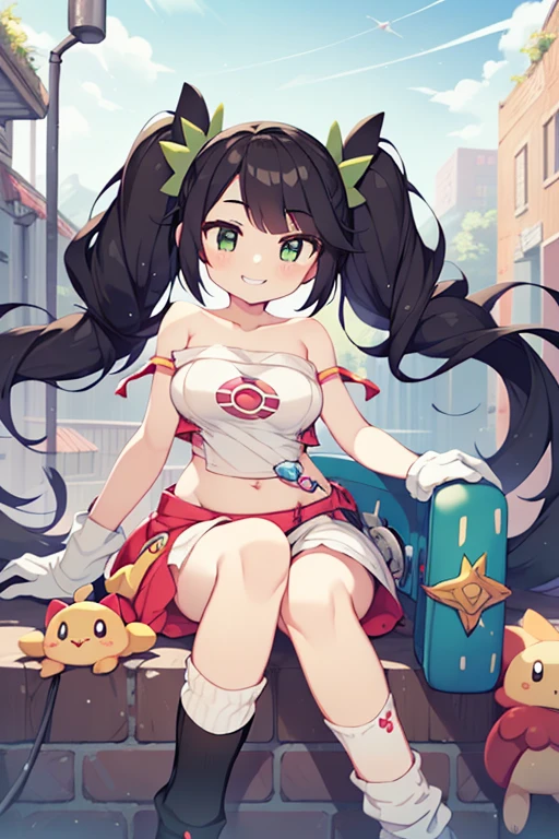 One Girl, (alone:1.2), (Perfect body:1.1), (highest quality:1.1), pretty girl, Official Art, (Pokemon Style:1.1), (Plain Tube Top:1.5), Vorticella, Three white eyes, I narrowed my eyes., Emerald Eyes, Black-haired, Hair length, Big ample breasts, Missis cart, Umbilical cord prolapse, I can see the valley, White long gloves, (loose socks:1.3), (Wicked Smile:1.2), (mesugaki:1.1), Spiky Hair, Hair flowing sideways, drills twintails, There's nothing in my hands, There's no one around,