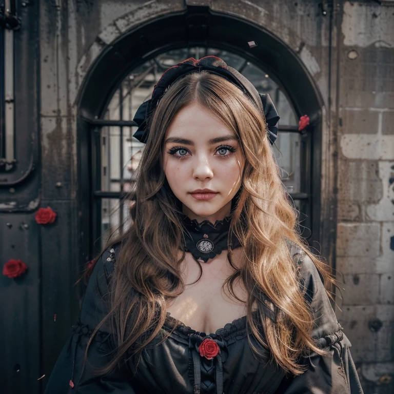 (smile:1.４）,(looking at the viewer:1.4)、Red Gothic Lolita、bonnet、,(face focus),break,、beautiful woman、miserable、fine eyes、black eye、Industrial Landscape、blonde、twin tail hair、black dark eyeshadow、Good skin gloss、particle、rose petals、