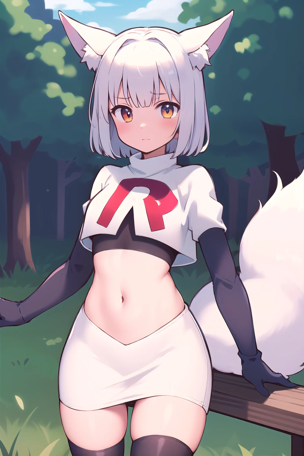 (masterpiece, best quality, highly detailed), 1girl, cowboy shot, lico, outside, trees, grass, sun, clouds, sky, team rocket,team rocket uniform,white skirt,red letter R,crop top,black thigh-highs,black elbow gloves , blush, fox ears, fox tail