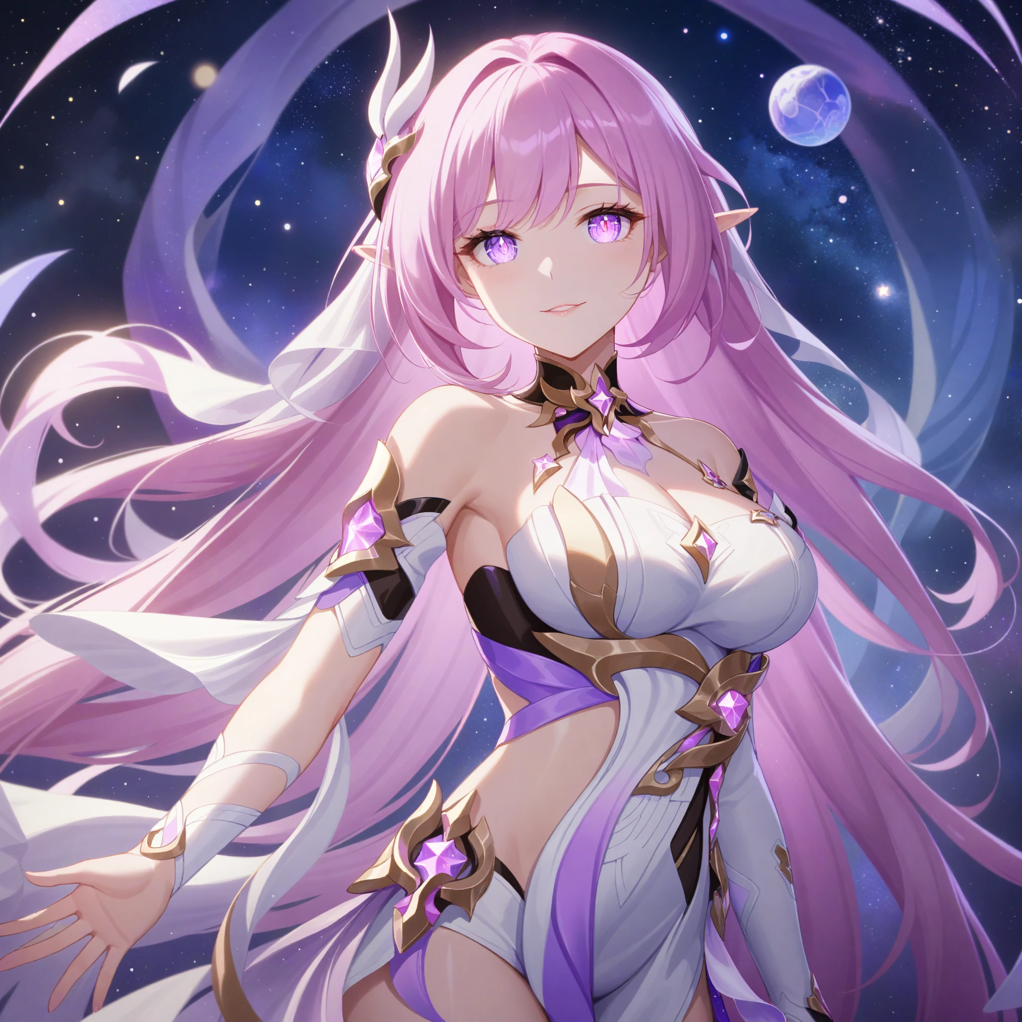 very aesthetic,1girl,elysia_/(herrscher_of_human:ego/)_/(honkai_impact/),pointed_ears,vivid pink_hair,dreamy anime fantasy background,raytracing,light purple eyes,criin,mihoyo,kagaya studio,floating,light particles,dsmile,starry sky,celestial,intricate,large breasts, glossy lips, long eyelashes,goddess,silk chiffon,cosmic,hires,pink slit pupils,watercolor,masterpiece,best quality