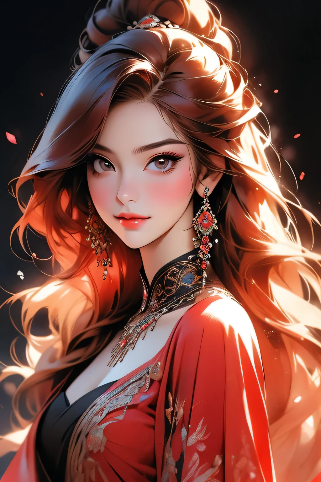 Beautiful woman with red hair and bright black eyes, (Wear elegant party clothes), Scattered contours and light particles background, Intricate details, Modest, watercolor, splash、masterpiece, 最high quality, high quality, High resolution, (((Portrait)))