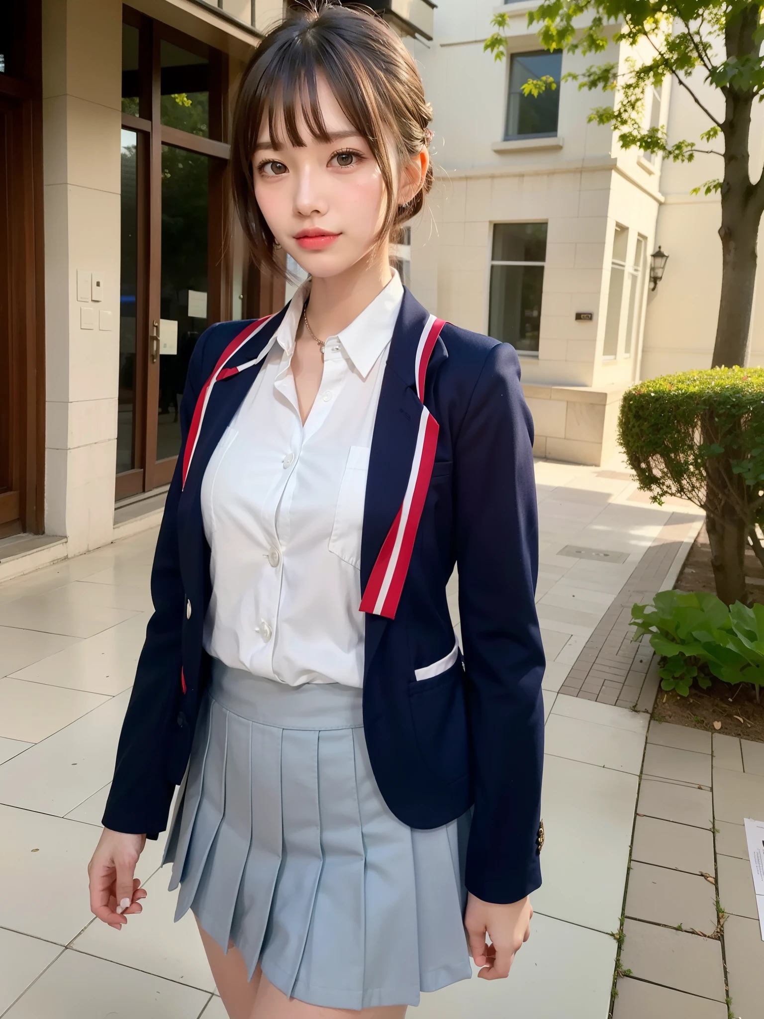 ((Best of the highest quality, 8k, Masterpiece: 1.3, raw photo)), Sharp focus: 1.2, (1 AESPA, slim body type female, 21 y/o: 1.1), (Solo: 1.2), (realistic, photo-realistic:1.37), face focus, cute face, finely eyes, side lighting, using reflectors, (small breasts, flat chest, Thigh: 1.3), (short messy hair, bangs, updo: 1.28), (wearing blazer school uniform:1.32), (multilayer-skirt), (ribbon:1.2), walking terrace dining, sun light, flower, (from below:1.1)