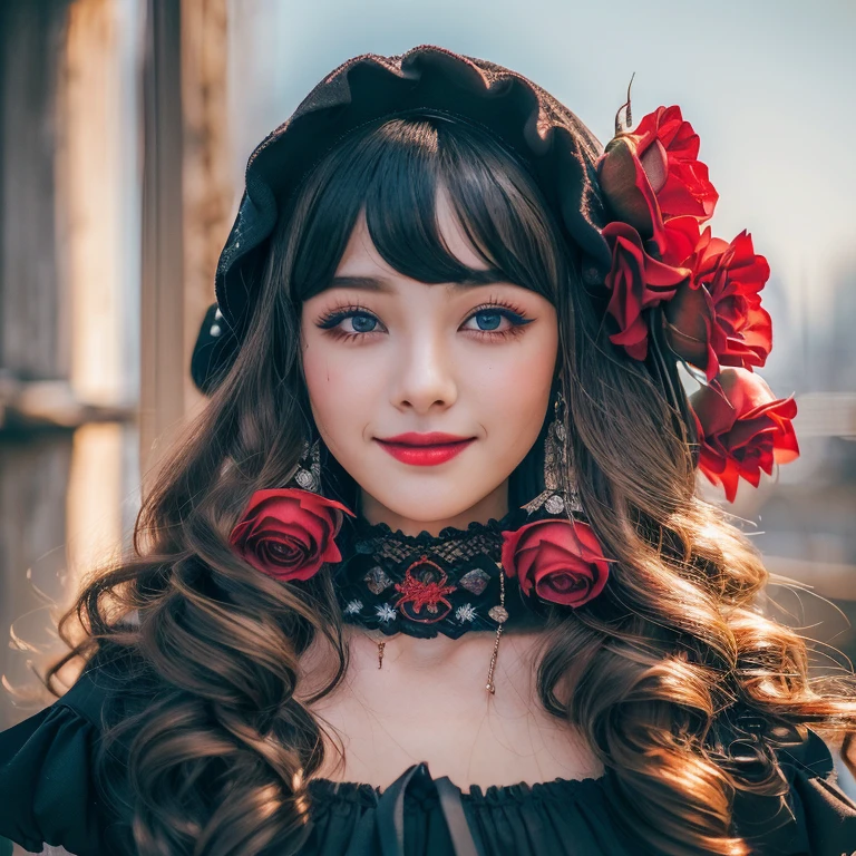 (smile:1.４）,(looking at the viewer:1.4)、Red Gothic Lolita、bonnet、,(face focus),break,、beautiful woman、miserable、fine eyes、black eye、Industrial Landscape、blonde、twin tail hair、black dark eyeshadow、Good skin gloss、particle、rose petals、