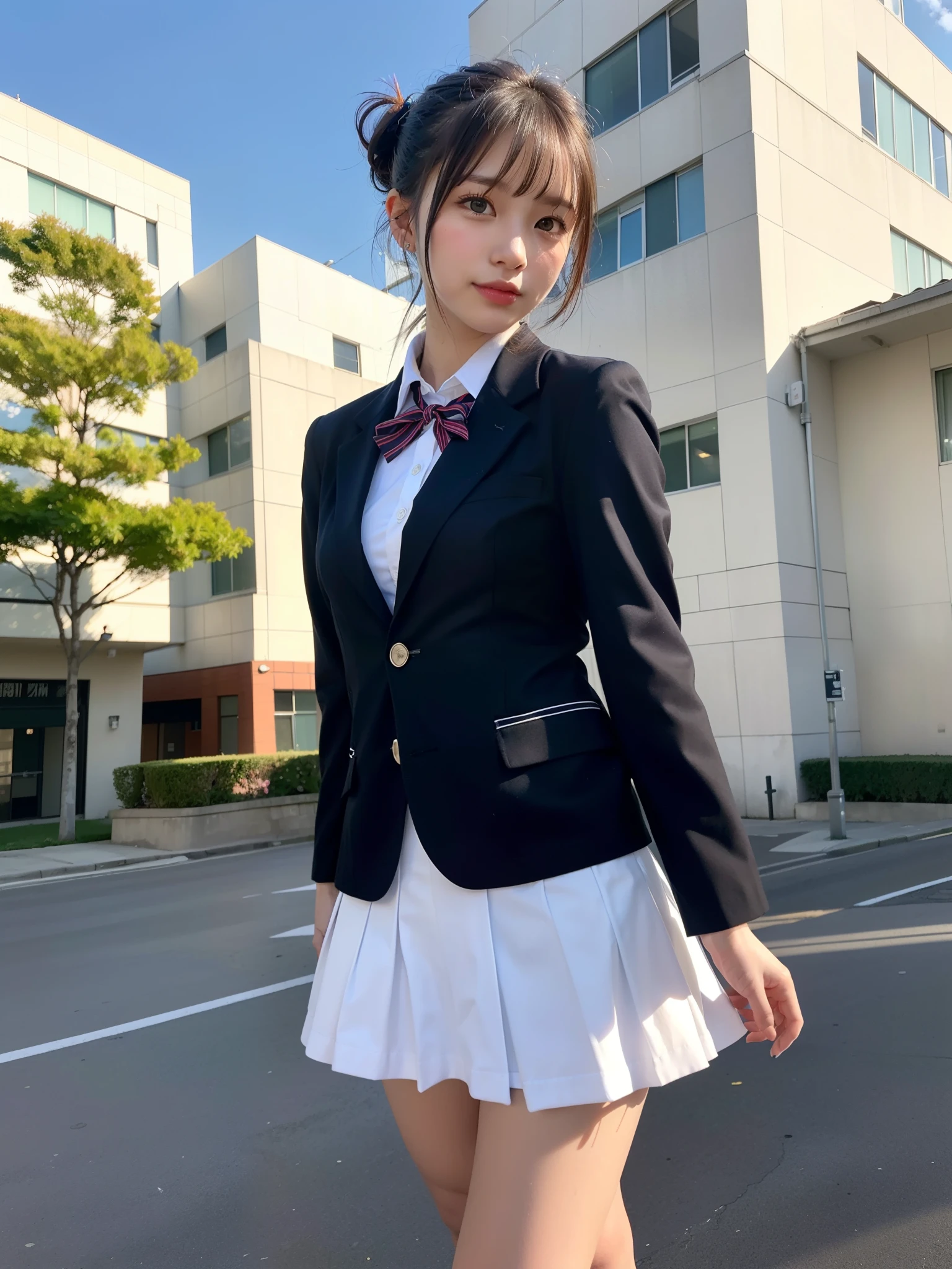 ((Best of the highest quality, 8k, Masterpiece: 1.3, raw photo)), Sharp focus: 1.2, (1 AESPA, slim body type female, 21 y/o: 1.1), (Solo: 1.2), (realistic, photo-realistic:1.37), face focus, cute face, finely eyes, side lighting, using reflectors, (small breasts, flat chest, Thigh: 1.3), (short messy hair, bangs, updo: 1.28), (wearing blazer school uniform:1.32), (multilayer-skirt), (ribbon:1.2), walking terrace dining, sun light, flower, (from below:1.1)