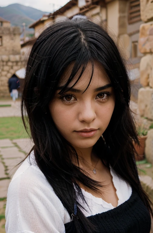 Girl with black hair emo pretty and real shy look in landscapes of Cusco