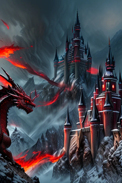 (best quality, masterpiece:1.2),ultra-detailed,red scarlet dragon, enormous dragon,castle in the background, skull-shaped stone castle, dragon breathing fire,fantasy