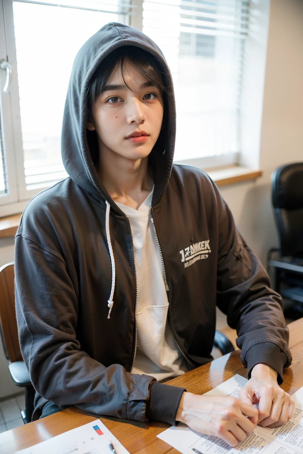 1 18 year old boy,Handsome male,Face,Hoodie，university student，In the office，Work
