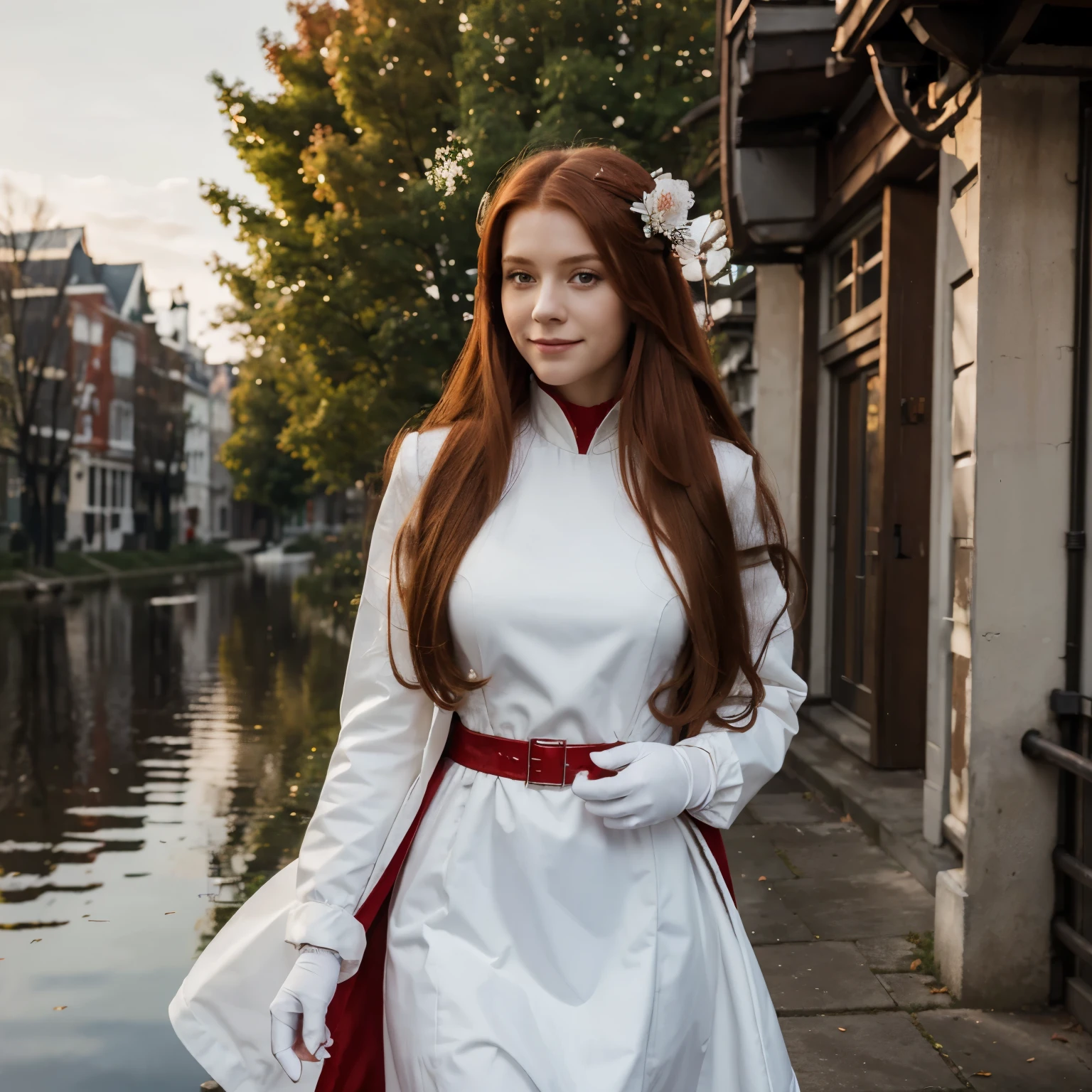 ((masterpiece,best quality)),8k wallpaper,1girl, long hair, red hair, solo, dress, red eyes, looking at viewer, long sleeves, standing, building, white dress, gloves, hair ornament, black jacket, smile, floating hair, dutch angle, closed mouth, looking away, outdoors