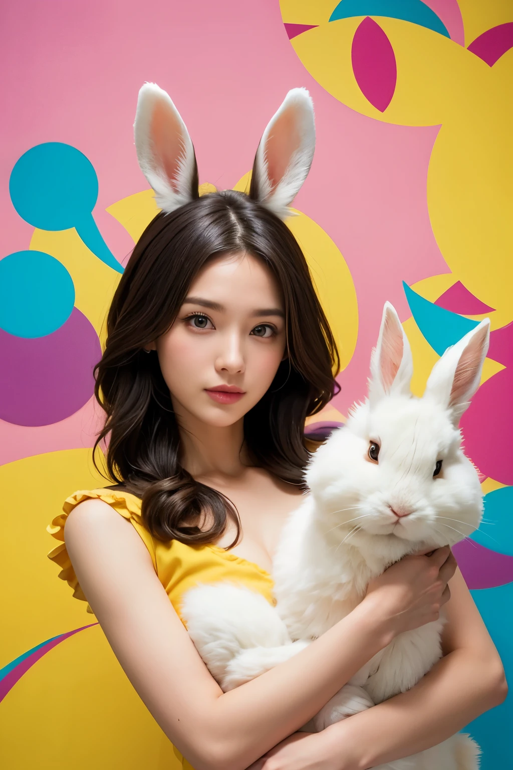 Model and background intact, Beautiful woman holding a large rabbit doll, Colorful background,