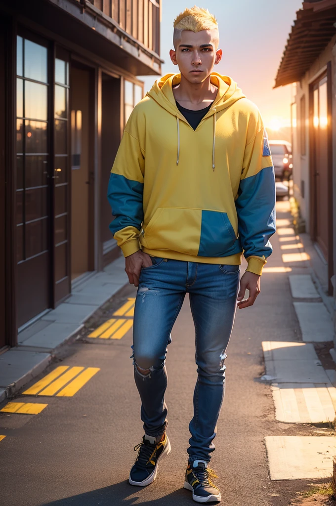 25 years old colombian male wearing yellow hoodie and blue jeans, serious face, master piece, filmic, ambient oclusion, dinamic lighting, volumetric lighting, by greg rutkowski, detailed, intricately detailed, sunset, happy, warm colors, watercolor, sunny ,sunshine rays, buzz cut blond hair, (((full body))), detailed face, ((((skinny body))))), holding pistol