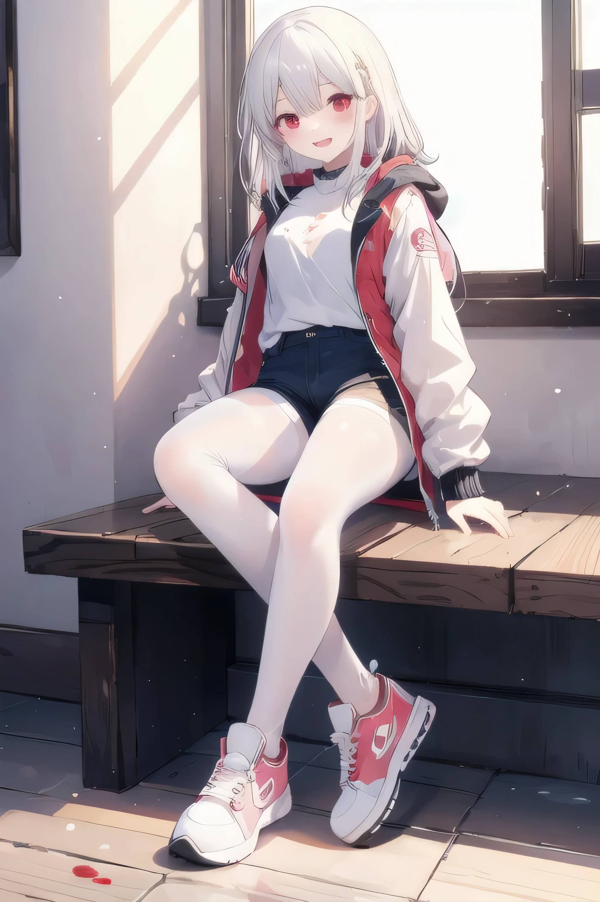 masterpiece, top quality, super detailed, CG illustration, high resolution, better lighting, best shadows, very delicate and beautiful, proper shading, hd, 8k,1girl, solo, blush, smile, open mouth, simple background,long hair, white hair, white background, jacket, full body, pantyhose, shoes, shorts, Bloodred eyes, sneakers, striped pantyhose, vertical-striped pantyhose