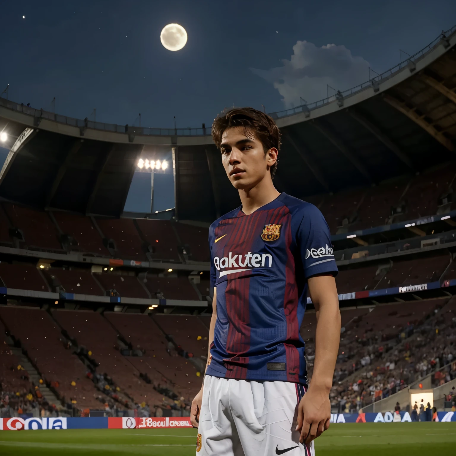 Barcelona boy on his back with the number 10 shirt and the name Matías on his back in the stadium looking at the moon