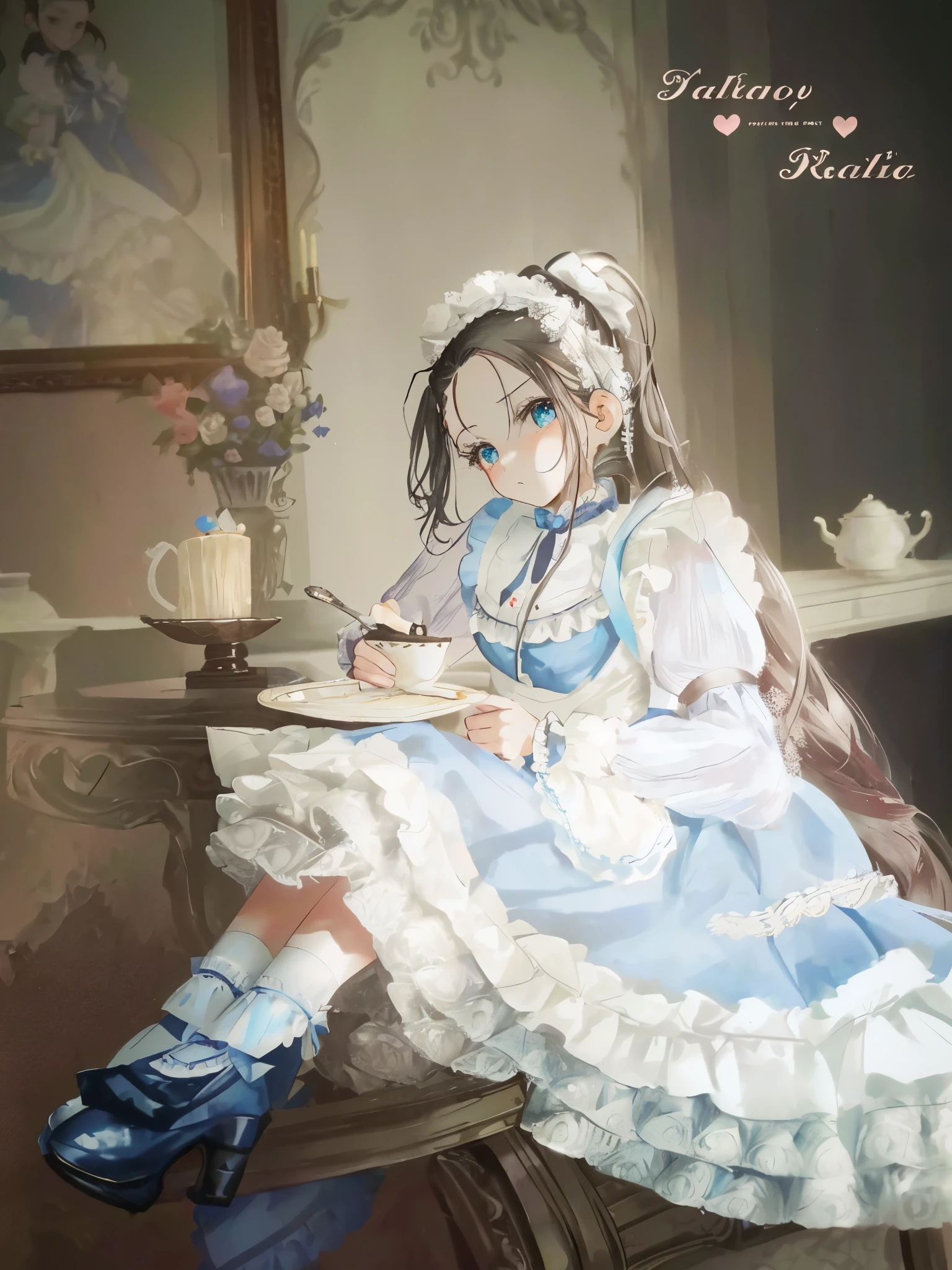 (ponytail forehead hair pulled back:1.3), araffe girl in a blue dress sitting on a chair with a plate of cake, lolita fashion, lolita style, rococo ruffles dress, victorian gothic lolita fashion, rococo dress, portrait of magical lolita girl, frilly outfit, victorian style costume, fairycore, alice in wonderland style, like alice in wonderland, maid outfit