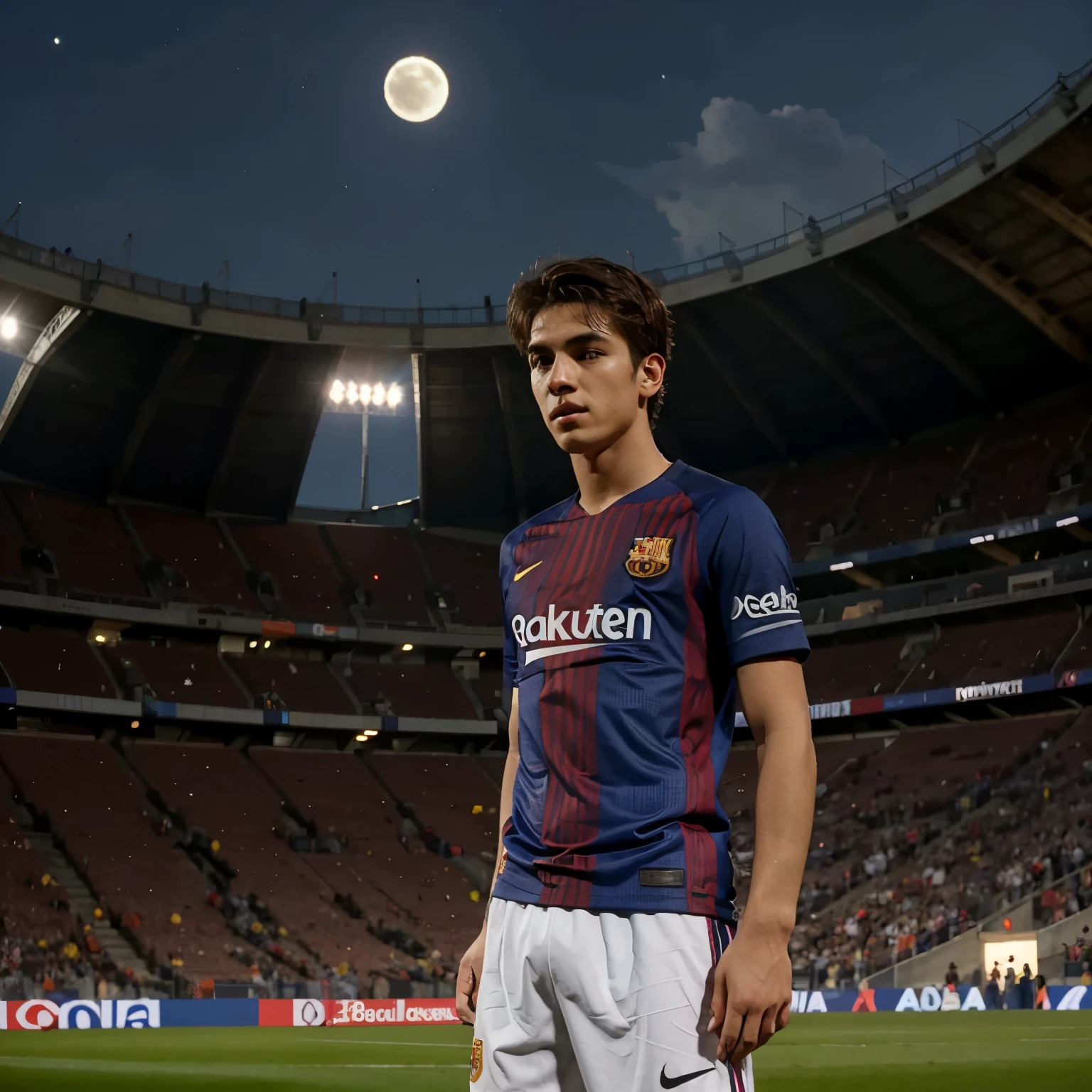 Barcelona boy on his back with the number 10 shirt and the name Matías on his back in the stadium looking at the moon