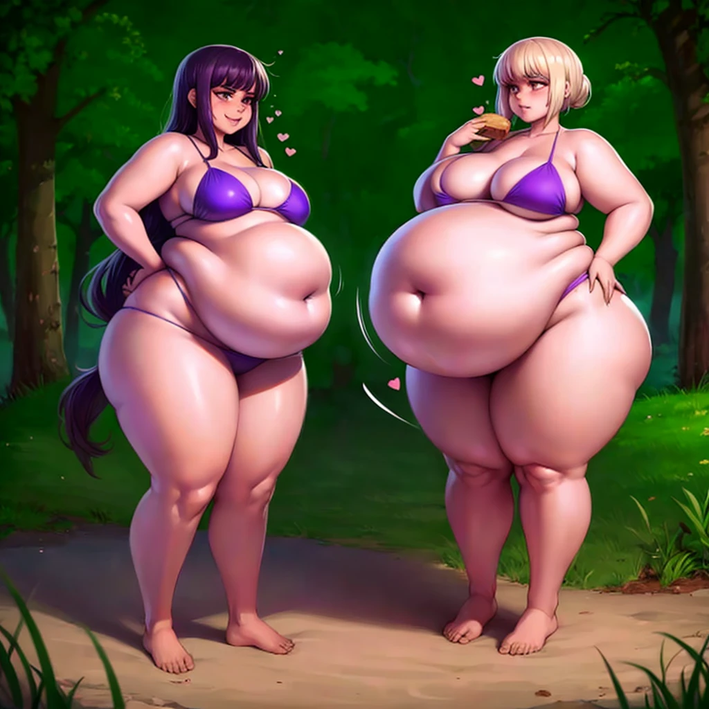 A young woman in a bikini, massive bloated overstuffed heavy protruding bulging obese belly, hyper massive fat tall wide round heart shaped bubble butt, wide fat hips, massive fat round breasts, deep long cleavage, so full it hurts, gurgling belly, sloshing belly, distended belly, churning belly, jiggly belly, KipTeiTei art style, binge eating, fat rolls, belly rolls, big fat muffin top,