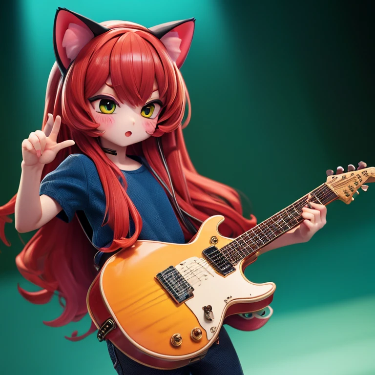 boy, squirrel, furry, bodyfur, tail, collar, bra, bottomless, gloves, boots, chibi, sparkling eyes, idol, hair bow, happy, full body, penis, testicles, play the guitar, singing