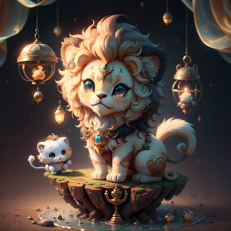 Configuring centering, Symmetrical Configuration, Small cute lion, Anchored to an otherworldly location by magical anchors, Very detailed, high quality, 4K, Ultra-high resolution