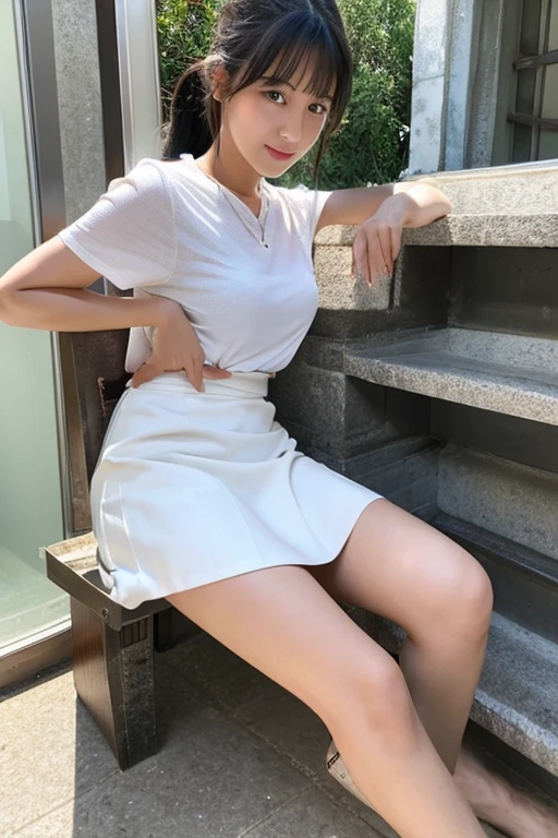 ４０Woman in her 20s、White tight skirt、Sit down、Front view