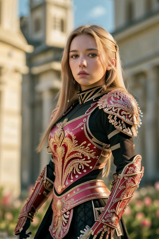 (8K, best quality:1.2), (masterpiece:1.37), (photo, photorealistic:1.37), (ultrahigh-res), full body, walking pose, shot from front, slow motion, female paladin wearing the full body, (red heavy armour:1.2),(ornately decorated armor), (insanely detailed, bloom:1.5), (highest quality, wield Sword and shield, Alessandro Casagrande, Greg Rutkowski, Sally Mann, concept art, 4k), (analog:1.2), (high sharpness), (detailed pupils:1.1), detailed face and eyes, eye contact, Masterpiece, best quality, (highly detailed photo:1.1), (long blonde Hair, ecstatic:1.1), (young woman:1.1), sharp, (perfect body:1.1), realistic, real shadow, 3d, (citadel background:1.2), (by Michelangelo), photographed by Canan EOS R6, 135mm, 1/1250s, f/2.8, ISO 400
