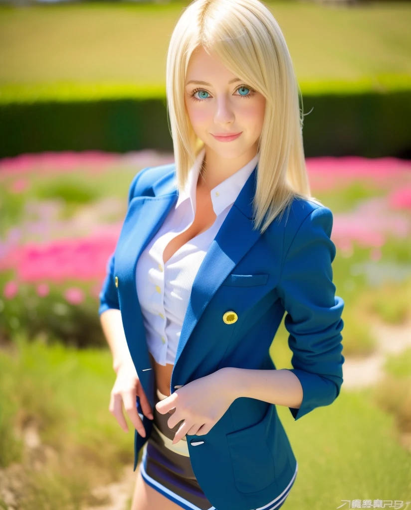Big breasted, One girl, ((Blonde)) ((Wolf Girl)) blue eyes, She has a very sexy body, Full breasts and slim waist, And a very sexy body, Blazer and short skirt, Has a bold look. young, quality, Realistic, 最高quality, Cute expression, A shy smile, Flower Field, rock