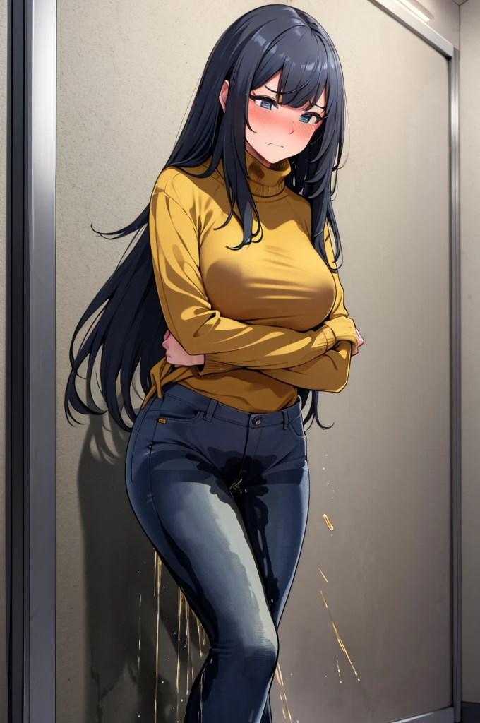 A woman with very long black hair, (very long hair:1.25) and (long bangs:1.5), wearing a stylish wool turtleneck sweater with jeans, long sleeves, (low-rise jeans:1.25), (low-cut jeans:1.25), standing. The artwork is inspired by manga and incorporates a doujin style. The woman appears to be (wetting herself:1.5), which causes her to feel embarrassed and humiliated, resulting in a blush on her face. In addition, there is an air of anger in her expression. The lighting in the scene is moody, with a spotlight highlighting the woman's figure, Her arms are crossed (crossing arms:1.5), showcasing a very large pee stain that covers almost the entire front of her jeans., large breasts, skinny