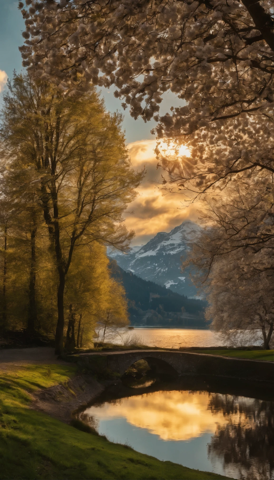 village in Switzerland, sunset, many cherry trees, blue lake, grass fields, white clouds, beautiful sky, 8k resolution
