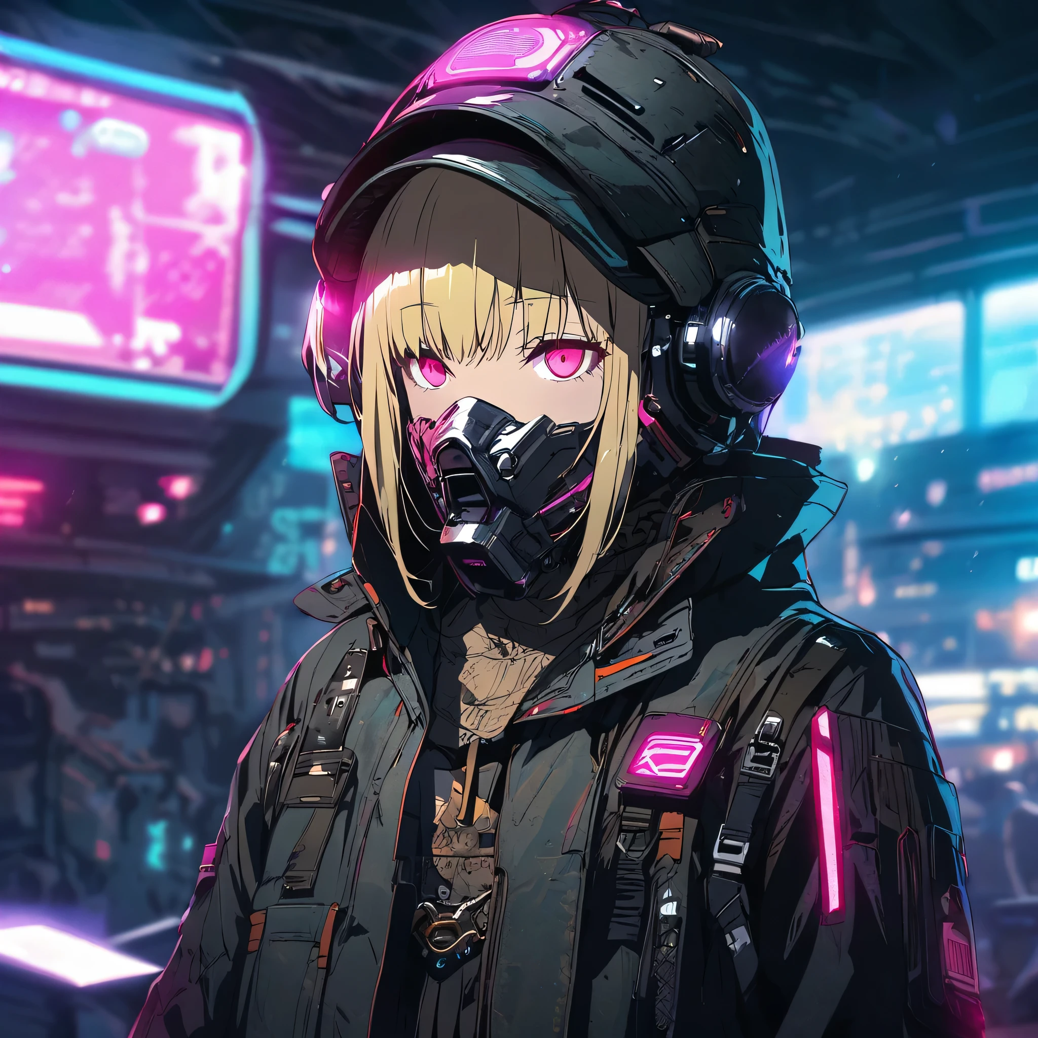 Blonde girl, dead eyes, techwear concept art, face hidden with only eyes visible, , [[eyes hidden]], (eyes visible), (best quality:1.2), ultra-detailed, (studio anime:1.37), glowing neon lights, cyberpunk elements, shiny metallic materials, ((robust metal) outfit and headwear), holographic accessories, ((blurred background)), advanced technology gadgets, high-resolution illustration, professional digital painting, fine details, rich textures, dramatic lighting, cinematic feel, sharp focus, sci-fi elements