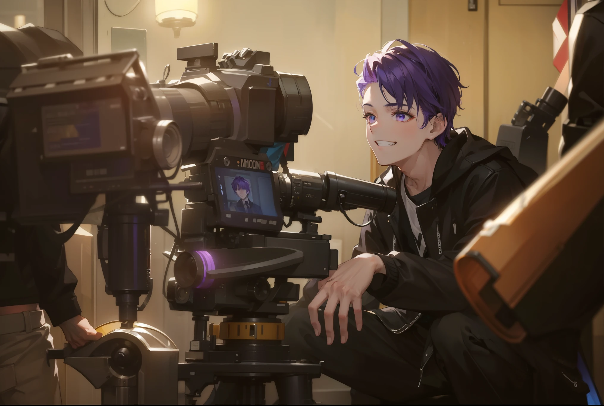 1boy, male focus, movie director, masterpiece, top quality, very beautiful, detailed camera, megaphone, purple hair, grinning,
