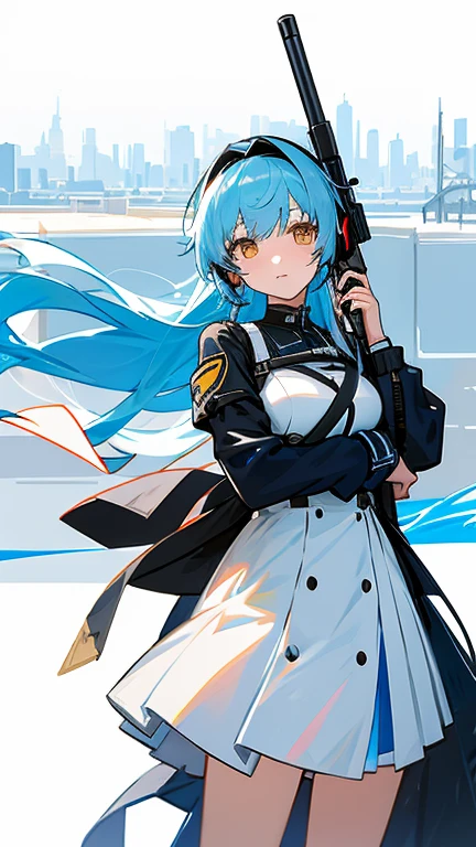 Anime girl wearing headphones and white dress standing in front of the city, From the Azur Lane video game, Azure Lane style, Girls Frontline style, from Girls Frontline, from the night of the ark, Girls Frontline universe, Girls Frontline cg, 《Azur route》Role in, Fine details. Girls Frontline, Girls Frontline, Perfect girl, Ayaka Genshin Impact, Deadly,Holding a gun