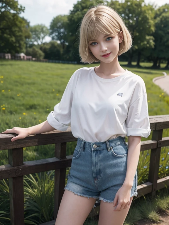 8K,Masterpiece,One woman,Smile,Age 25,blue eyes,Blonde Hair,Short Bob Hair,Ella Freya, a beautiful Dutch YouTuber(Ella Freya)