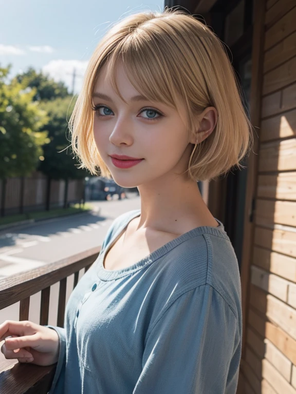 Swedish girl with short blonde hair, Bobcut, Van, blue eyes, ,((Plain background, Slope)),((Upper Body)),Looking into the camera, Point to the camera,Right hand forward,young, Pale skin, Ultra-high resolution, Ultra-high resolution, (Realistic:1.4), Doll-like face, Wearing a white short-sleeved T-shirt,Gentle expression,A cheerful smile,Big smile,Facing forward,Bangs down