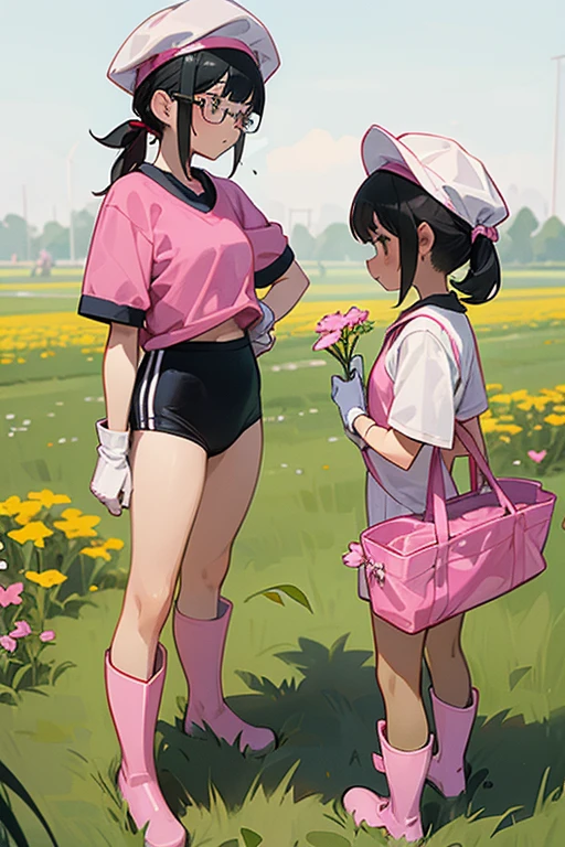 A pair of elementary school girls with glasses and black hair tied up in short-sleeved gym clothes wearing large pink rubber gloves and white rubber boots and gym caps on their heads are picking flowers in a field.