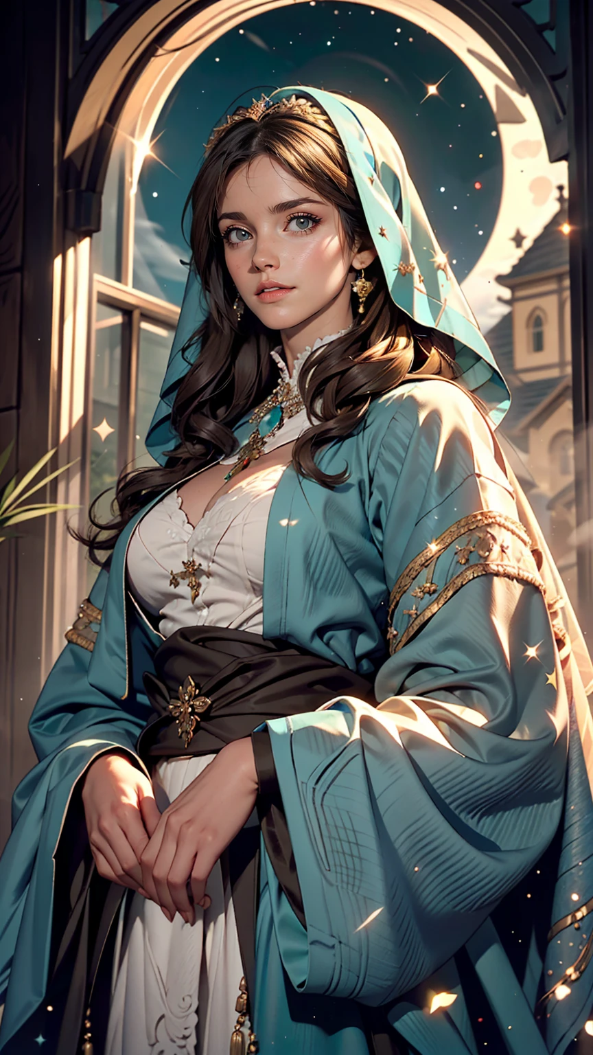 Mother of Jesus(Virgin Mary), Black hair and green eyes, light brown skin, Wearing a light blue robe, And a sky-blue veil, A calm expression that brings peace (whole body) Near the window, Illuminated by the moonlight (Magnificent and realistic)、Sexy proportions、Lift the hem of the sexy robe to reveal the crotch(Sexual exposure、pubic hair)、I don't wear pants