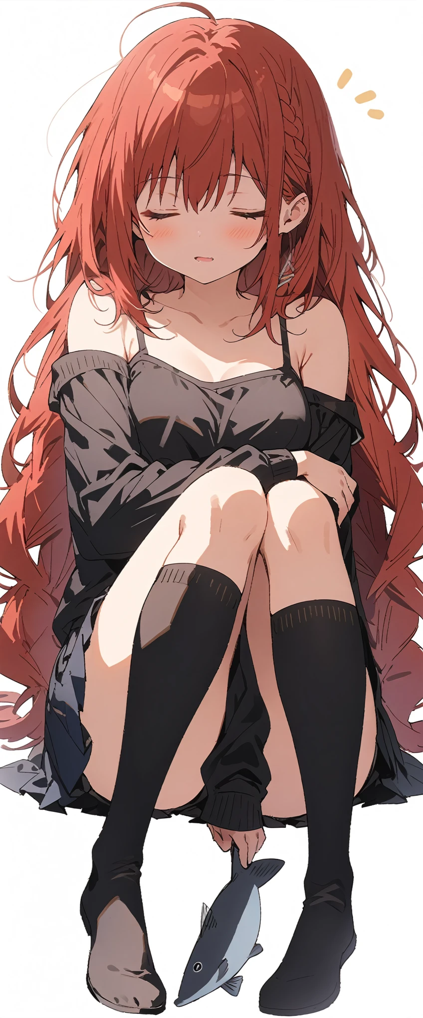 Solid white background、white background、Blank background、Ultra-high resolution, highest quality,Solo one girl、Full body view from the front、fish-bone braid hair、Fishbone Hair、red hair、busty、Sleeping、sleeping face、Plain black camisole、Black pleated skirt、Knee-high socks、