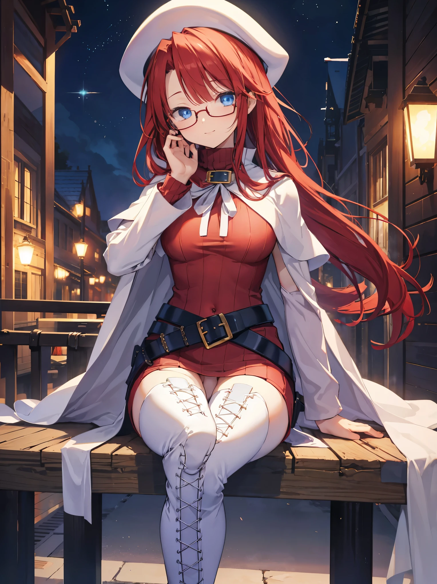 pov,(nsfw:1.2),summonnightaty, aty, (young:1.3),long hair, blue eyes, red hair, large_beret, hat, glasses,
BREAK long hair, thighhighs, hat, dress, boots, glasses, belt, cape, sweater, zettai ryouiki, beret, thigh boots, white footwear, ribbed sweater, loose belt,solo,
BREAK outdoors, fantasy,on_the_ship,on_the_ship's_railing
,
BREAK (masterpiece:1.2), best quality, high resolution, unity 8k wallpaper, (illustration:0.8), (beautiful detailed eyes:1.6), extremely detailed face, perfect lighting, extremely detailed CG, (perfect hands, perfect anatomy),covered_nipples,covered_navel,light_smile ,(half_eyes:1.4),sword,armpit,sleepy,dynamic_sitting,barrel,red_sweater,apart_legs,magical_effect,spread_legs, have_a_book