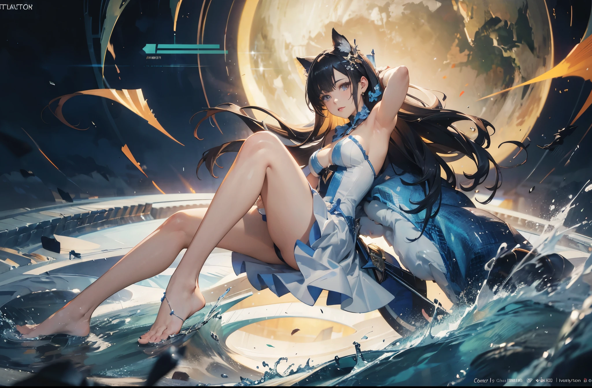 (maximum resolution: 1.2), (ultra high definition:1.2), cinema light, 8K resolution, fine eyes and skin, detailed face, perfect style, cute face, Accurate, anatomically correct, Highly detailed face and skin texture, anime - style illustration of a woman in a blue and white outfit, armpit, bare legs, official character art, trending on cgstation, e-girl, full body, female action anime girl, 