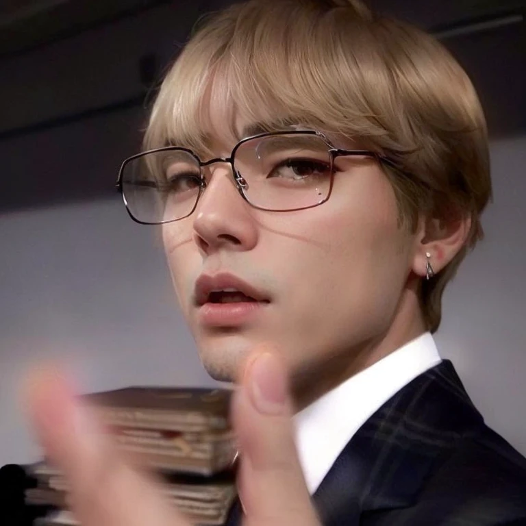Arafed image of a boy in a suit and glasses making a gesture., accurate taehyung face, Jimin\his right eyelid is swollen, Jimin\'s grecian nose, Jimin, kim taehyung, Jimin\los labios carnosos, Yanjun Chengt, taehyung comiendo papas fritas gucci, Jung Jaehyun, vistiendo traje y gafas, con gafas