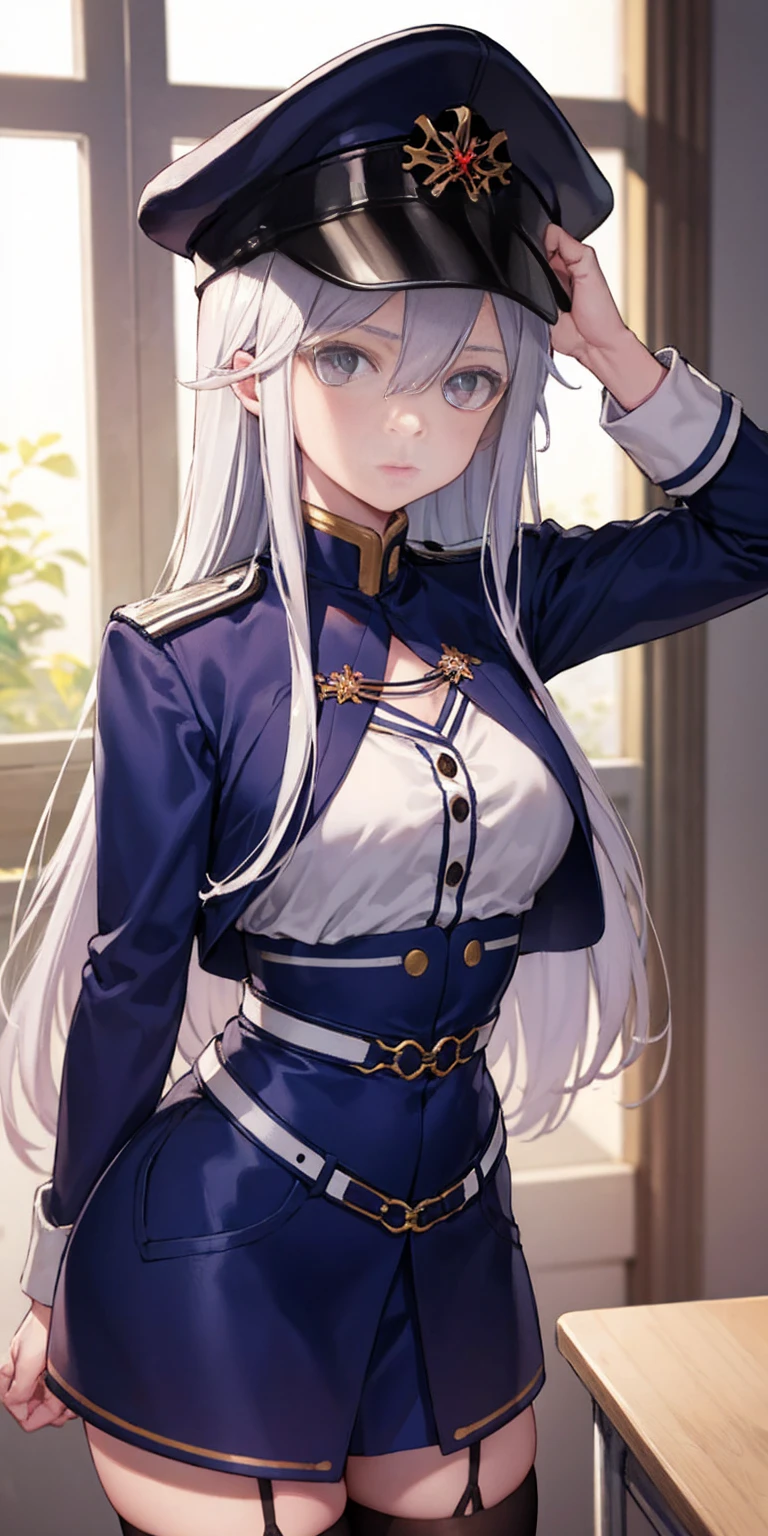 (Masterpiece:1.2, best quality, high resolution, unity 8k wallpaper, illustration:0.8, beautiful detailed eyes:1.6, extremely detailed face, perfect lighting, extremely detailed CG) Vladilena Milize (grey eyes:1.5) grey hair, hair between eyes, long hair, BREAK blue headwear, blue jacket, blue skirt, hat, jacket, military, military hat, military uniform, peaked cap, shirt, skirt, uniform, white shirt, LONG white thigh highs, BREAK looking at viewer, BREAK indoors, classroom, BREAK (perfect hands, perfect anatomy