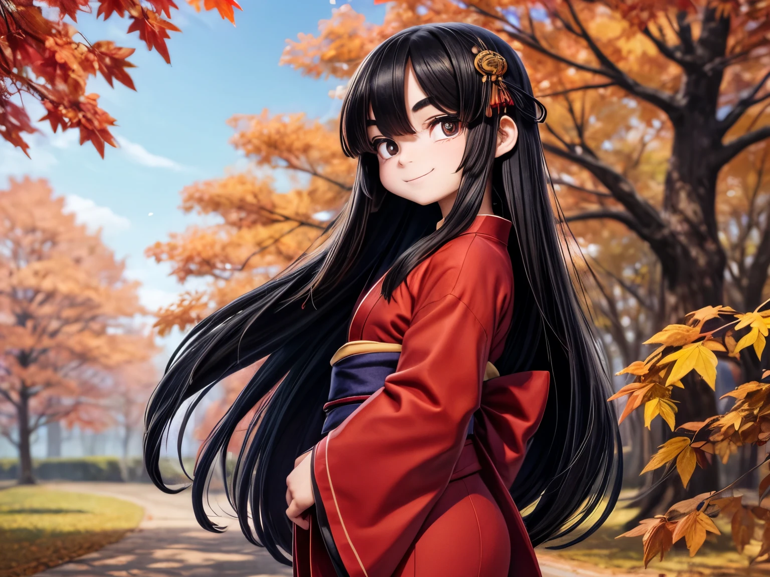 blue sky,autumn leaves,Straight Hair,Long Hair,Black Hair,Dark Eyes,slanted eyes,18 years old,boyish,Thick eyebrows.Japanese,smile,Red kimono,