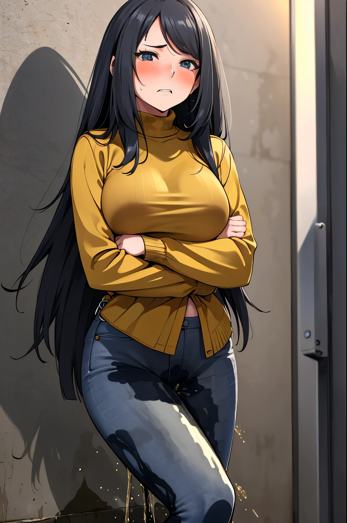 A woman with very long black hair, (very long hair:1.25) and (long bangs:1.5), wearing a stylish wool turtleneck sweater with jeans, long sleeves, (low-rise jeans:1.25), (low-cut jeans:1.25), standing. The artwork is inspired by manga and incorporates a doujin style. The woman appears to be (wetting herself:1.5), which causes her to feel embarrassed and humiliated, resulting in a blush on her face. In addition, there is an air of anger in her expression. The lighting in the scene is moody, with a spotlight highlighting the woman's figure, Her arms are crossed (crossing arms:1.5), showcasing a very large pee stain that covers almost the entire front of her jeans., large breasts, skinny