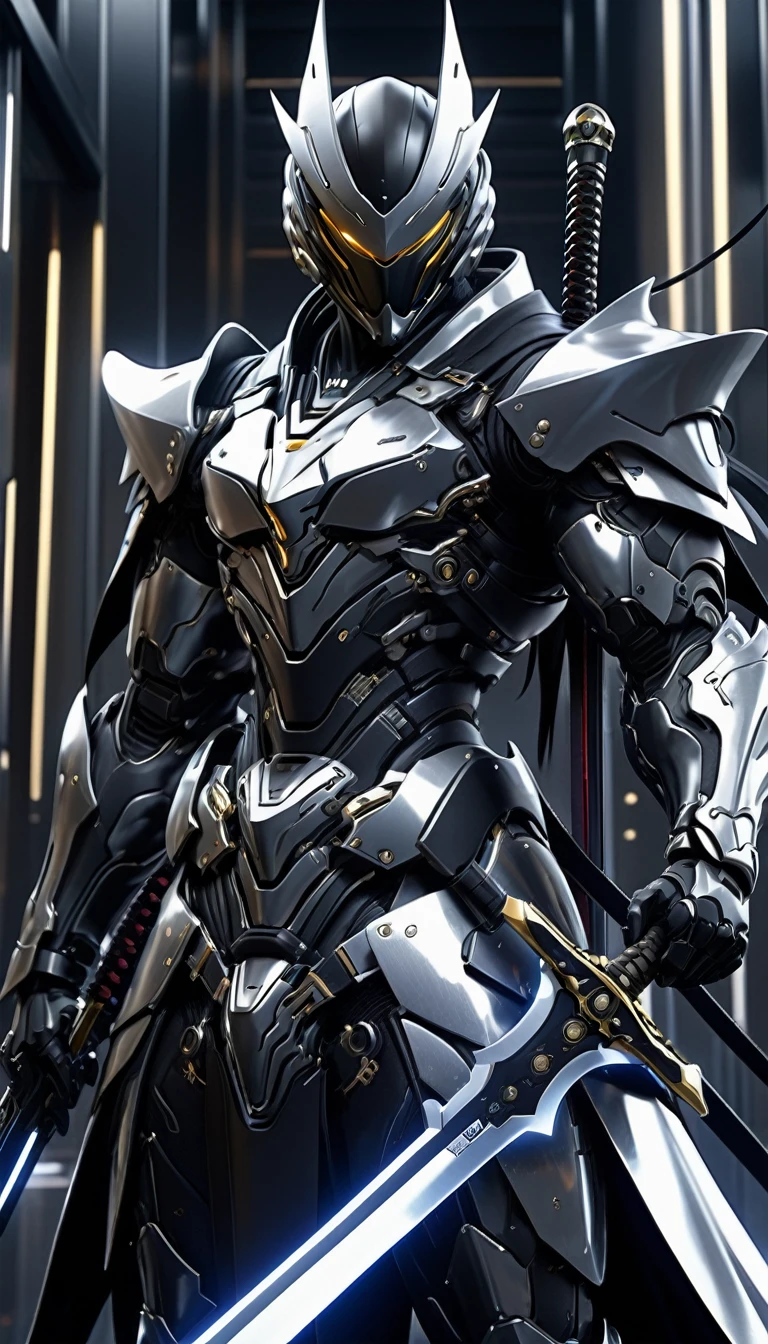 arafed man in a black suit with a sword and a helmet, covered in full metal armor, raiden metal gear, stylish cyborg armor, covered in full silver armor, movie still of a villain cyborg, cyborg samurai, cyborg ninja, raiden from metal gear rising, cyber japan style armor, black scales and cyborg tech, akihiko yoshida. unreal engine