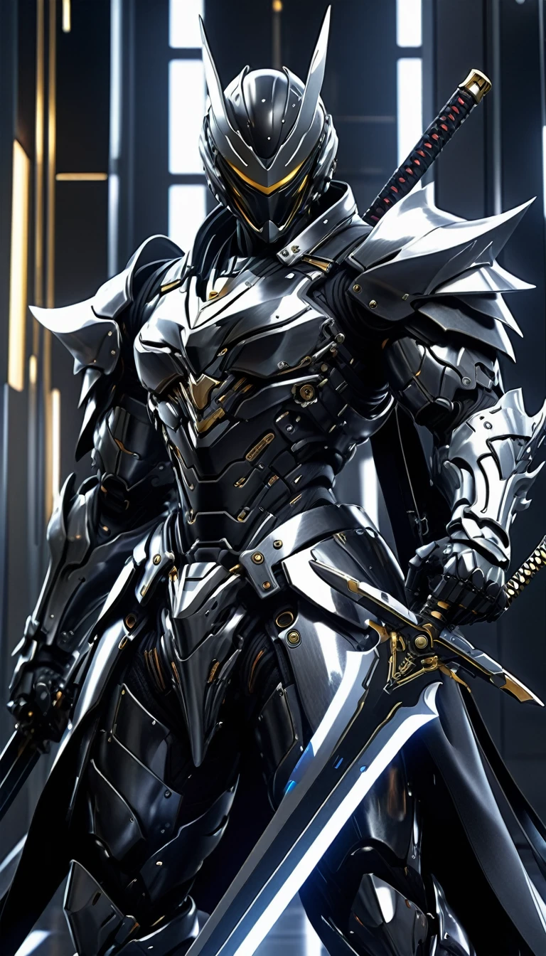 arafed man in a black suit with a sword and a helmet, covered in full metal armor, raiden metal gear, stylish cyborg armor, covered in full silver armor, movie still of a villain cyborg, cyborg samurai, cyborg ninja, raiden from metal gear rising, cyber japan style armor, black scales and cyborg tech, akihiko yoshida. unreal engine