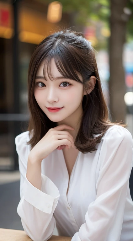 In detail, High resolution, high quality、Perfect dynamic composition, Beautiful fine details, Medium Hair, 、Natural color lip,Kamimei、Shibuya Ward、20-year-old girl、1 person、Clear Skin、Shiny Hair、Tabletop, 最high quality, figure, Very detailed, In detail, High resolution, 8k、The correct state of the human body、Laughter、Sculpture model pose,Hair dancing in the wind