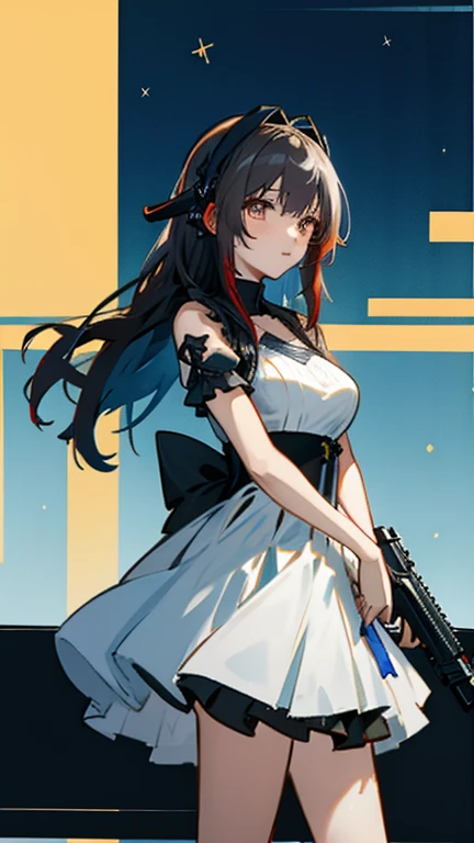 Anime girl wearing headphones and white dress standing in front of the city, From the Azur Lane video game, Azure Lane style, Girls Frontline style, from Girls Frontline, from the night of the ark, Girls Frontline universe, Girls Frontline cg, 《Azur route》Role in, Fine details. Girls Frontline, Girls Frontline, Perfect girl, Ayaka Genshin Impact, Deadly，Holding a gun