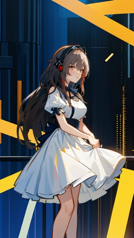 Anime girl wearing headphones and white dress standing in front of the city, From the Azur Lane video game, Azure Lane style, Girls Frontline style, from Girls Frontline, from the night of the ark, Girls Frontline universe, Girls Frontline cg, 《Azur route》Role in, Fine details. Girls Frontline, Girls Frontline, Perfect girl, Ayaka Genshin Impact, Deadly，Holding a gun