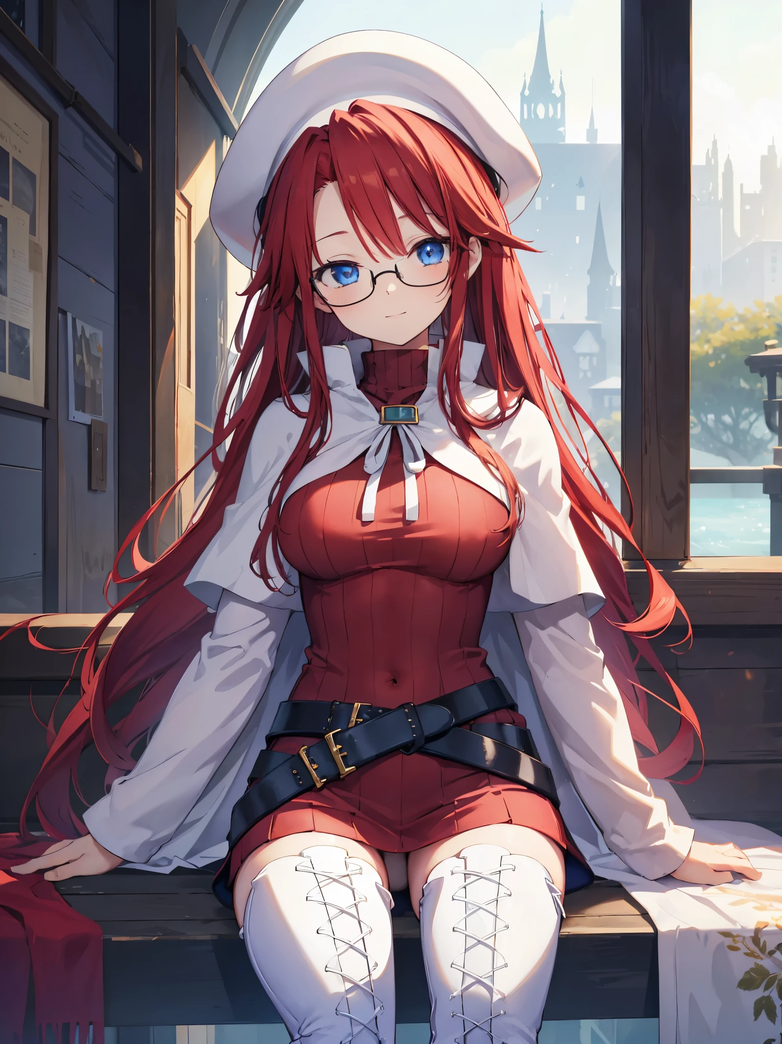 pov,(nsfw:1.2),summonnightaty, aty, (young:1.3),long hair, blue eyes, red hair, large_beret, hat, glasses,
BREAK long hair, thighhighs, hat, dress, boots, glasses, belt, cape, sweater, zettai ryouiki, beret, thigh boots, white footwear, ribbed sweater, loose belt,solo,
BREAK outdoors, fantasy,on_the_ship,on_the_ship's_railing
,
BREAK (masterpiece:1.2), best quality, high resolution, unity 8k wallpaper, (illustration:0.8), (beautiful detailed eyes:1.6), extremely detailed face, perfect lighting, extremely detailed CG, (perfect hands, perfect anatomy),covered_nipples,covered_navel,light_smile ,(half_eyes:1.4),sword,armpit,sleepy,dynamic_sitting,barrel,red_sweater,apart_legs,magical_effect,spread_legs, have_a_book