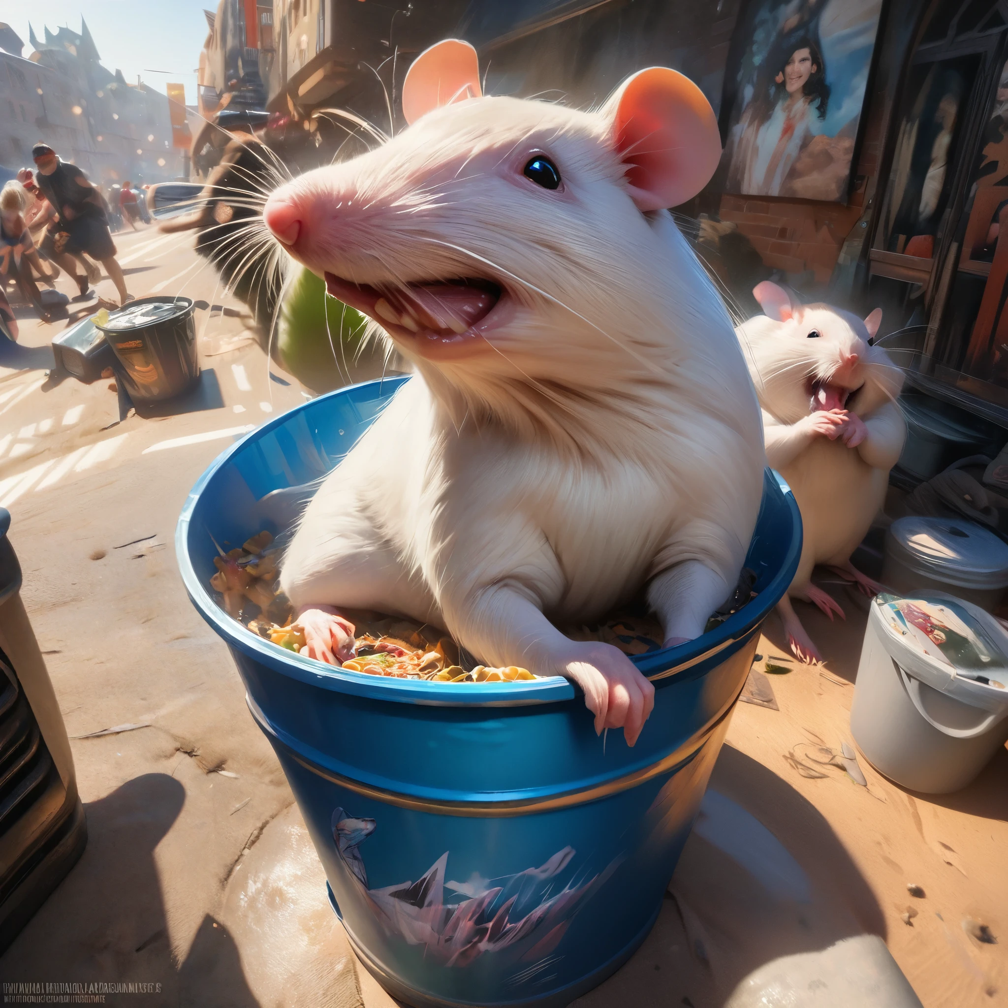 (best quality,4k,8k,highres,masterpiece:1.2),ultra-detailed,(realistic,photorealistic,photo-realistic:1.37),HDR,UHD,studio lighting,ultra-fine painting,sharp focus,physically-based rendering,extreme detail description,professional,vivid colors,bokeh,portraits,landscape,photography,concept artists,colorful lighting pixar style rats,selfie-loving rats,stylish influencer rat,garbage can,disgusted influencer,feeding rats In this high-quality, 4k, photorealistic artwork, we find a delightful scene featuring rats in true Pixar style. A fashionably dressed influencer rat stands in front of a garbage can while other rats are surrounding it, feasting on the trash. The influencer rat, with its detailed expressions and distinct personality, acts disgusted by the trash, as if it's too gross for them to handle. Meanwhile, the other rats are happily enjoying their meal. The lighting in this scene is professionally done, with studio lighting that brings out the vibrant colors of the rats' fur and the surroundings. The details of the rats, from their fur textures to their adorable expressions, are rendered in extreme detail. Their eyes sparkle as if they have an ulterior motive behind their actions. The artwork has a portrait-like quality, capturing the essence of these stylish rats in their natural habitat. The colors are vivid and bold, adding to the overall lively atmosphere. The lighting plays with bokeh effects, creating beautiful, colorful highlights that bring the scene to life. This artwork combines elements of landscape and portrait genres, showcasing both the lively setting and the personalities of the rats. It reflects the influence of concept artists and their imagination in creating fascinating worlds. With its high-resolution rendering, sharp focus, and physically-based rendering techniques, this artwork truly captures the essence of these quirky rats and their playful interactions. Whether it's the influencer rat posing for a selfie or the other rats devouring