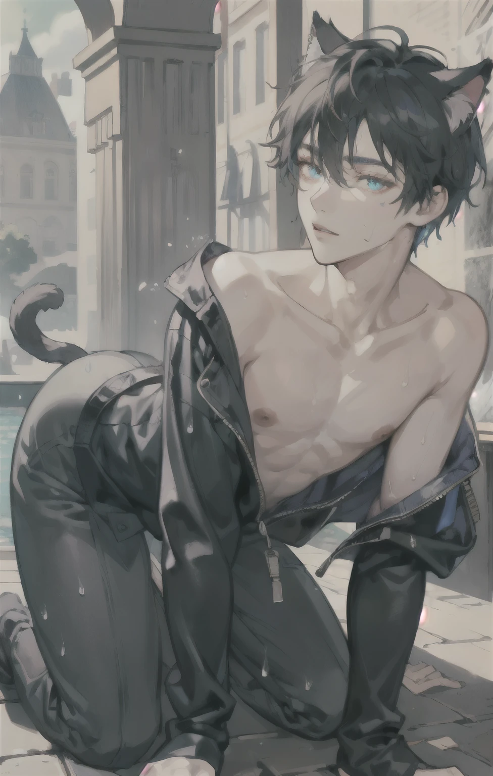 masterpiece, best quality, ultra detailed, (solo man), (male focus), ((young adult man)), ((Oblong face)), ((Square jawline)), black hair, ((hairs between eyes)), ((shoulder length)), ((narrow blue eye)), fair skin, skinny body, beauty mark, nsfw, wet skin, cat boy, cat ears, cat tail, all fours